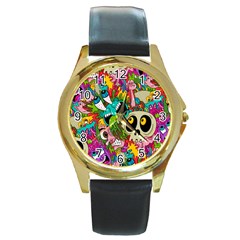 Crazy Illustrations & Funky Monster Pattern Round Gold Metal Watch by BangZart