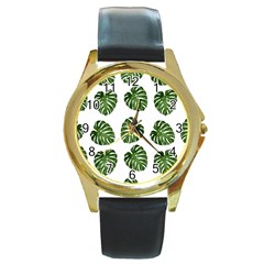 Leaf Pattern Seamless Background Round Gold Metal Watch by BangZart