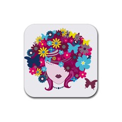 Beautiful Gothic Woman With Flowers And Butterflies Hair Clipart Rubber Coaster (square)  by BangZart