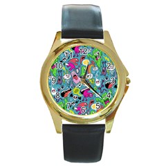 Monster Party Pattern Round Gold Metal Watch by BangZart