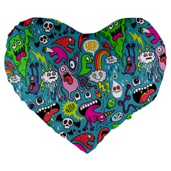 Monster Party Pattern Large 19  Premium Flano Heart Shape Cushions by BangZart