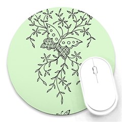 Illustration Of Butterflies And Flowers Ornament On Green Background Round Mousepads by BangZart