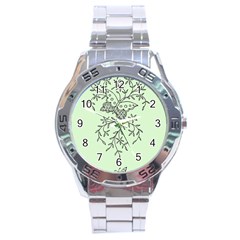 Illustration Of Butterflies And Flowers Ornament On Green Background Stainless Steel Analogue Watch by BangZart