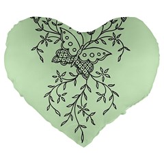 Illustration Of Butterflies And Flowers Ornament On Green Background Large 19  Premium Flano Heart Shape Cushions by BangZart