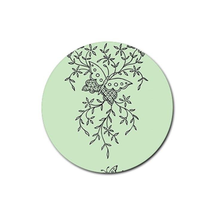 Illustration Of Butterflies And Flowers Ornament On Green Background Rubber Coaster (Round) 