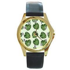 Leaf Pattern Seamless Background Round Gold Metal Watch by BangZart