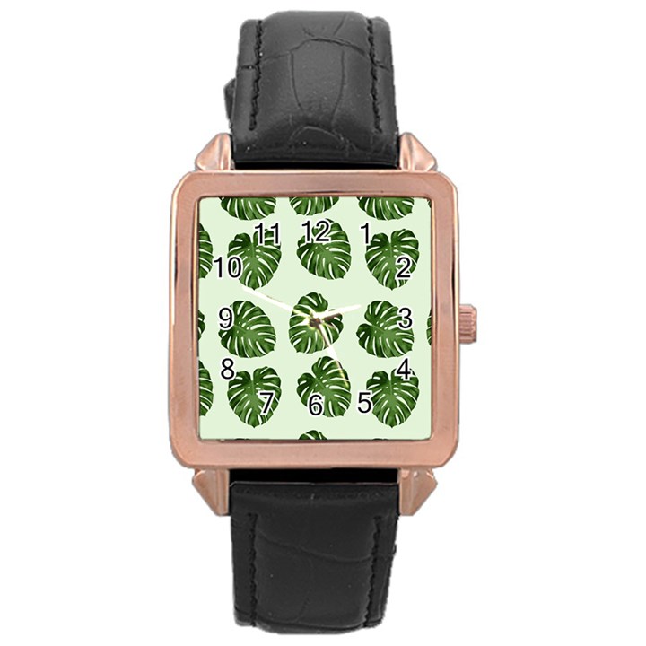 Leaf Pattern Seamless Background Rose Gold Leather Watch 