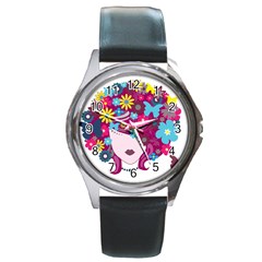 Beautiful Gothic Woman With Flowers And Butterflies Hair Clipart Round Metal Watch by BangZart