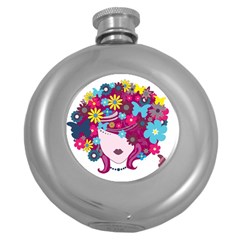 Beautiful Gothic Woman With Flowers And Butterflies Hair Clipart Round Hip Flask (5 Oz) by BangZart