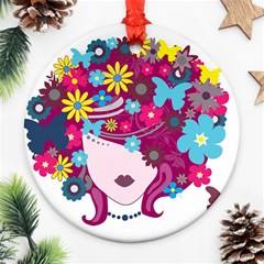 Beautiful Gothic Woman With Flowers And Butterflies Hair Clipart Round Ornament (two Sides) by BangZart