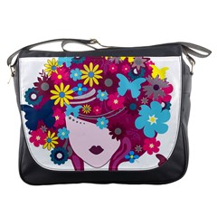 Beautiful Gothic Woman With Flowers And Butterflies Hair Clipart Messenger Bags by BangZart