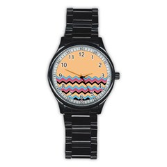 Chevrons Patterns Colorful Stripes Stainless Steel Round Watch by BangZart