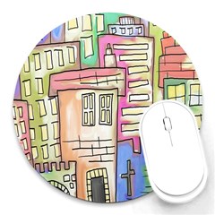 A Village Drawn In A Doodle Style Round Mousepads by BangZart