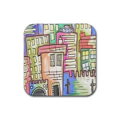 A Village Drawn In A Doodle Style Rubber Coaster (square)  by BangZart