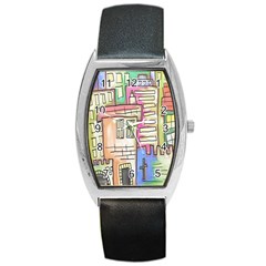 A Village Drawn In A Doodle Style Barrel Style Metal Watch