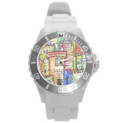 A Village Drawn In A Doodle Style Round Plastic Sport Watch (l) by BangZart