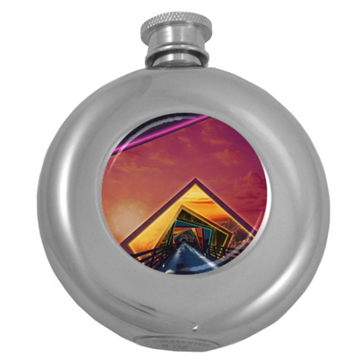 The Rainbow Bridge of a Thousand Fractal Colors Round Hip Flask (5 oz)