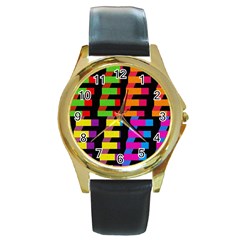 Colorful Rectangles And Squares                        Round Gold Metal Watch by LalyLauraFLM