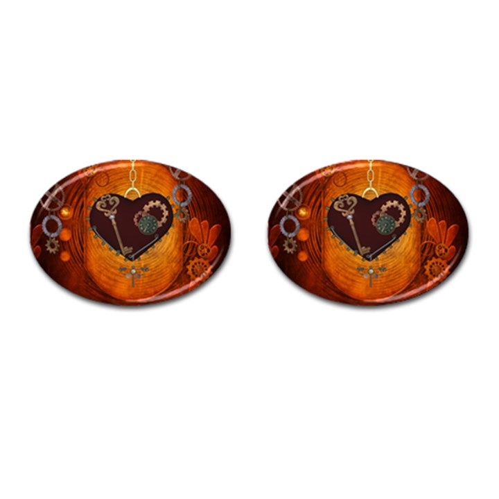 Steampunk, Heart With Gears, Dragonfly And Clocks Cufflinks (Oval)