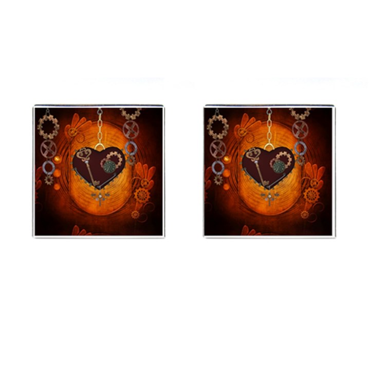 Steampunk, Heart With Gears, Dragonfly And Clocks Cufflinks (Square)