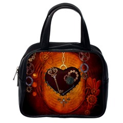 Steampunk, Heart With Gears, Dragonfly And Clocks Classic Handbags (one Side) by FantasyWorld7