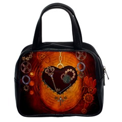 Steampunk, Heart With Gears, Dragonfly And Clocks Classic Handbags (2 Sides) by FantasyWorld7