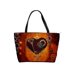 Steampunk, Heart With Gears, Dragonfly And Clocks Shoulder Handbags by FantasyWorld7