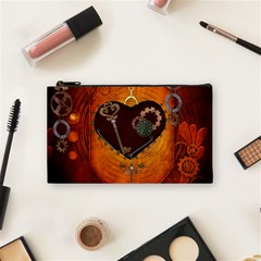 Steampunk, Heart With Gears, Dragonfly And Clocks Cosmetic Bag (small)  by FantasyWorld7