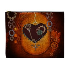 Steampunk, Heart With Gears, Dragonfly And Clocks Cosmetic Bag (xl) by FantasyWorld7