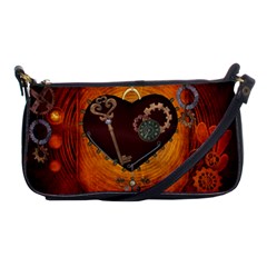 Steampunk, Heart With Gears, Dragonfly And Clocks Shoulder Clutch Bags by FantasyWorld7