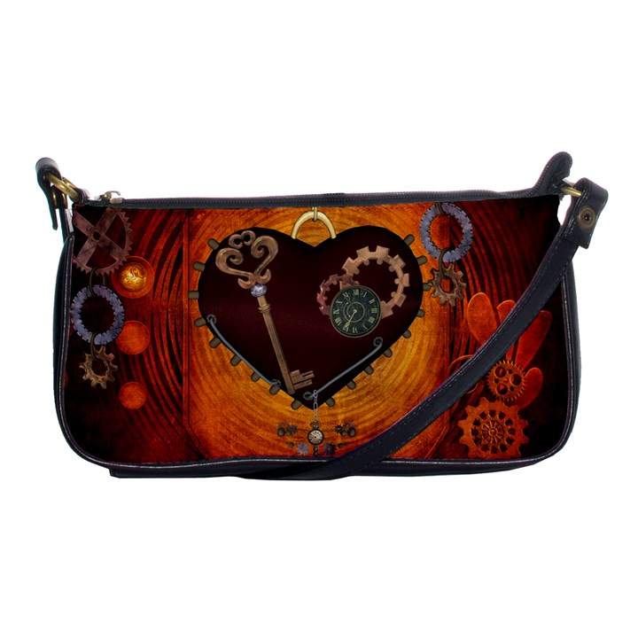 Steampunk, Heart With Gears, Dragonfly And Clocks Shoulder Clutch Bags