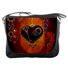 Steampunk, Heart With Gears, Dragonfly And Clocks Messenger Bags by FantasyWorld7