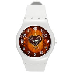 Steampunk, Heart With Gears, Dragonfly And Clocks Round Plastic Sport Watch (m) by FantasyWorld7