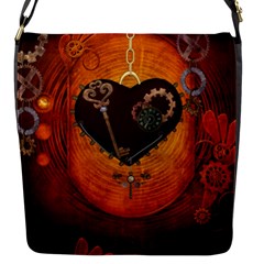 Steampunk, Heart With Gears, Dragonfly And Clocks Flap Messenger Bag (s) by FantasyWorld7