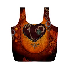 Steampunk, Heart With Gears, Dragonfly And Clocks Full Print Recycle Bags (m)  by FantasyWorld7