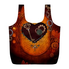 Steampunk, Heart With Gears, Dragonfly And Clocks Full Print Recycle Bags (l)  by FantasyWorld7