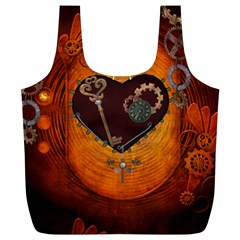 Steampunk, Heart With Gears, Dragonfly And Clocks Full Print Recycle Bags (l)  by FantasyWorld7