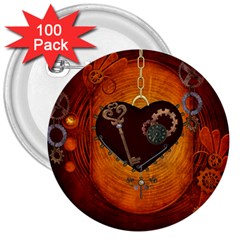 Steampunk, Heart With Gears, Dragonfly And Clocks 3  Buttons (100 Pack)  by FantasyWorld7