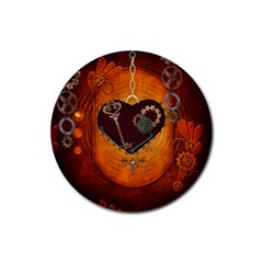 Steampunk, Heart With Gears, Dragonfly And Clocks Rubber Coaster (round)  by FantasyWorld7