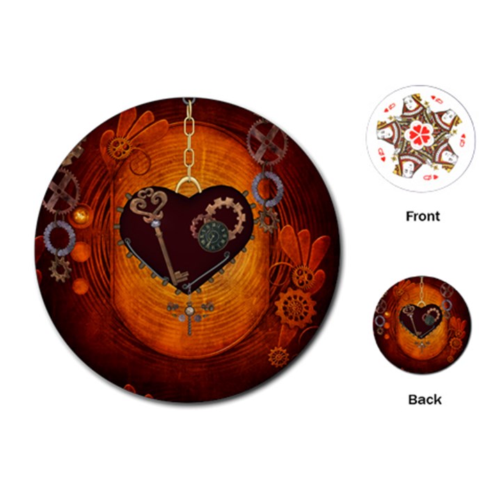 Steampunk, Heart With Gears, Dragonfly And Clocks Playing Cards (Round) 