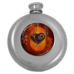 Steampunk, Heart With Gears, Dragonfly And Clocks Round Hip Flask (5 Oz) by FantasyWorld7