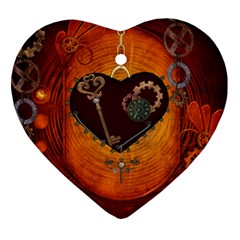 Steampunk, Heart With Gears, Dragonfly And Clocks Heart Ornament (two Sides) by FantasyWorld7