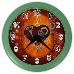 Steampunk, Heart With Gears, Dragonfly And Clocks Color Wall Clocks by FantasyWorld7