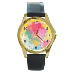 Pastel Watercolors Canvas                        Round Gold Metal Watch by LalyLauraFLM