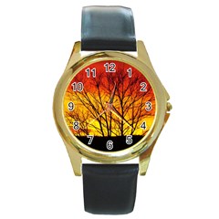 Sunset Abendstimmung Round Gold Metal Watch by BangZart