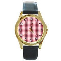 Usa Flag Red Blood Large Gingham Check Round Gold Metal Watch by PodArtist