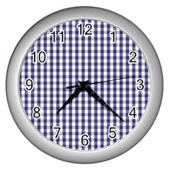 Usa Flag Blue Large Gingham Check Plaid  Wall Clocks (silver)  by PodArtist