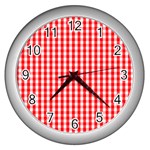 Christmas Red Velvet Large Gingham Check Plaid Pattern Wall Clocks (Silver)  Front