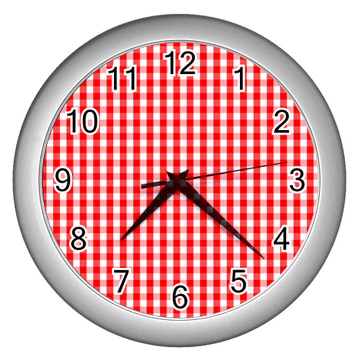 Christmas Red Velvet Large Gingham Check Plaid Pattern Wall Clocks (Silver) 