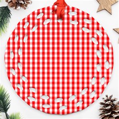 Christmas Red Velvet Large Gingham Check Plaid Pattern Round Filigree Ornament (two Sides) by PodArtist